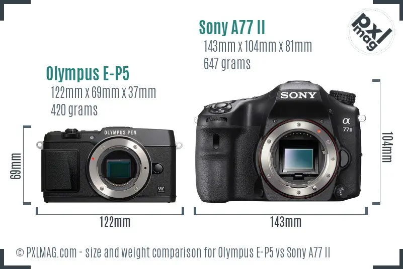 Olympus E-P5 vs Sony A77 II size comparison