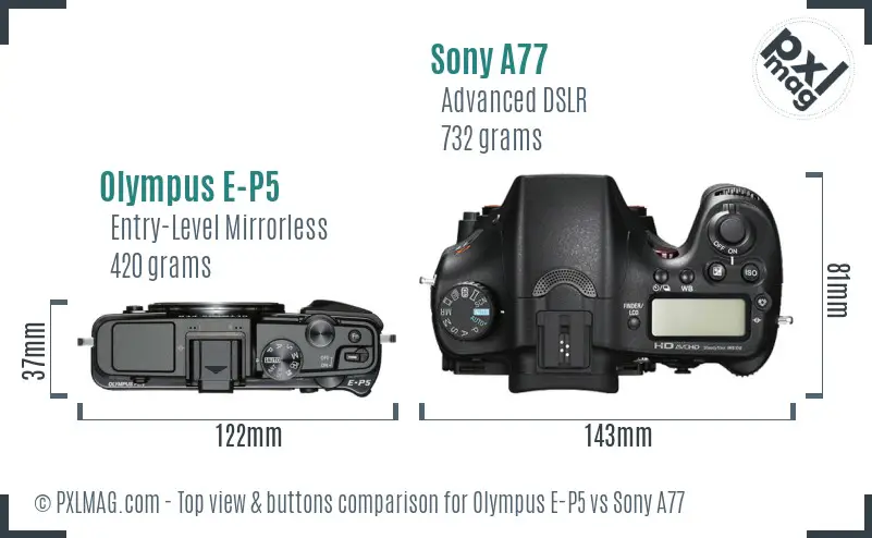 Olympus E-P5 vs Sony A77 top view buttons comparison