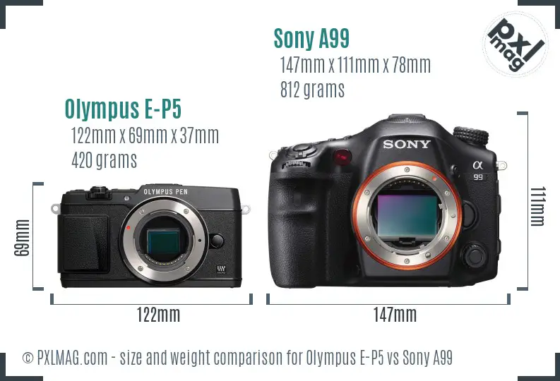 Olympus E-P5 vs Sony A99 size comparison