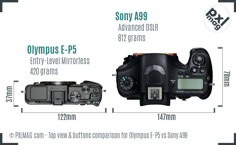 Olympus E-P5 vs Sony A99 top view buttons comparison