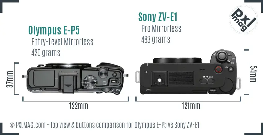 Olympus E-P5 vs Sony ZV-E1 top view buttons comparison Olympus E-P5 vs Sony ZV-E1 top view buttons comparison