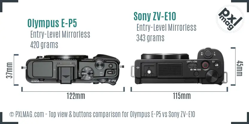 Olympus E-P5 vs Sony ZV-E10 top view buttons comparison