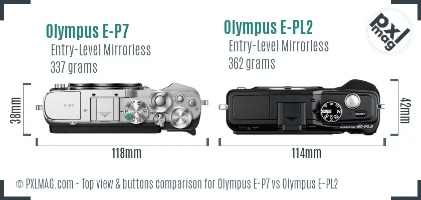 Olympus E-P7 vs Olympus E-PL2 top view buttons comparison