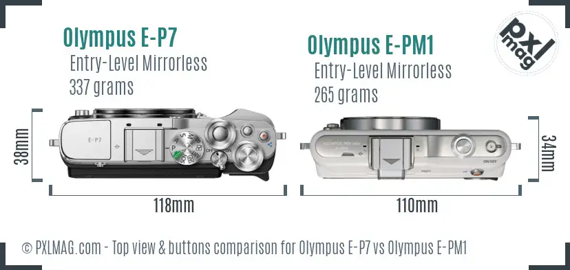Olympus E-P7 vs Olympus E-PM1 top view buttons comparison