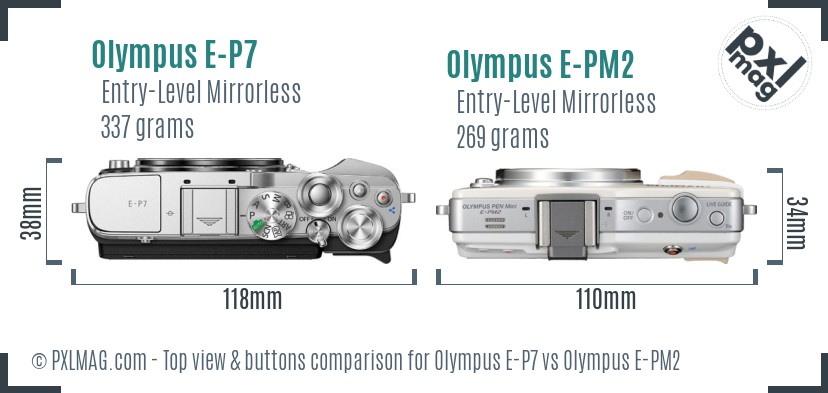 Olympus E-P7 vs Olympus E-PM2 top view buttons comparison
