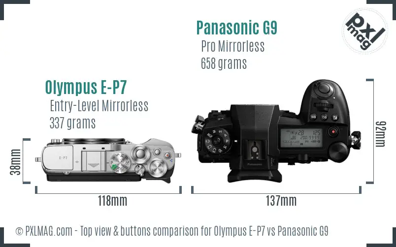 Olympus E-P7 vs Panasonic G9 top view buttons comparison Olympus E-P7 vs Panasonic G9 top view buttons comparison