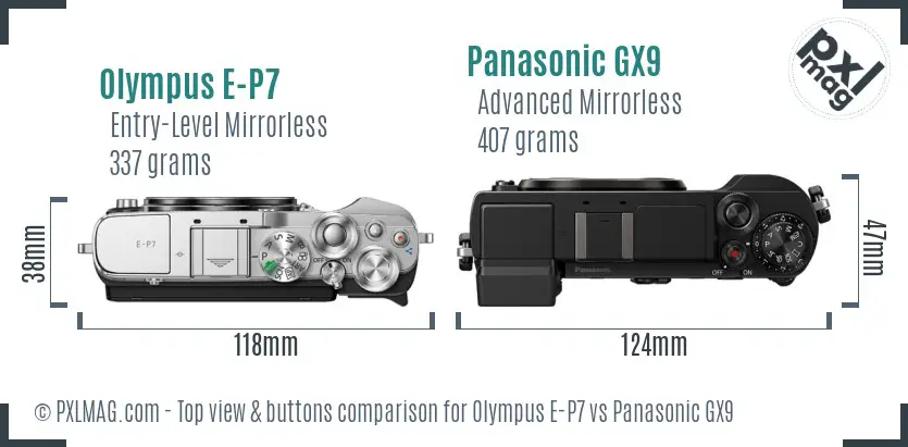 Olympus E-P7 vs Panasonic GX9 top view buttons comparison