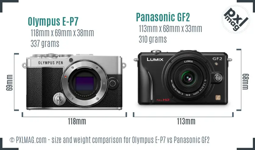 Olympus E-P7 vs Panasonic GF2 size comparison