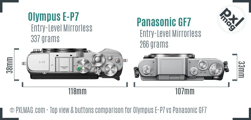 Olympus E-P7 vs Panasonic GF7 top view buttons comparison