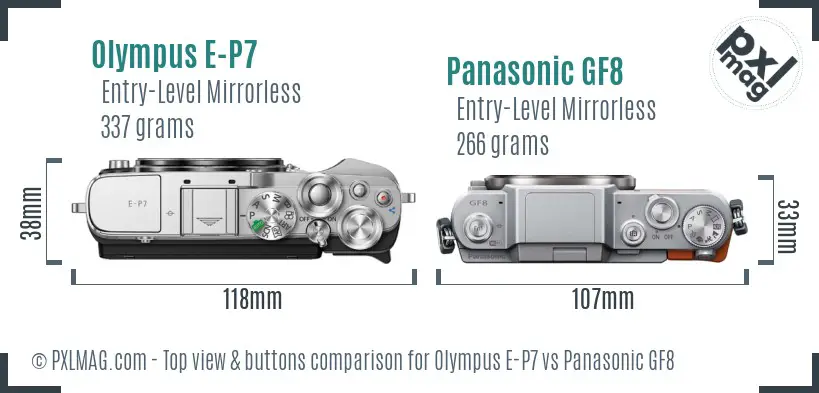 Olympus E-P7 vs Panasonic GF8 top view buttons comparison