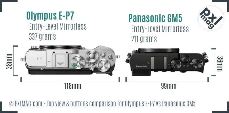 Olympus E-P7 vs Panasonic GM5 top view buttons comparison