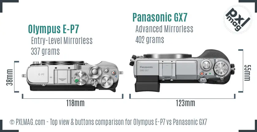 Olympus E-P7 vs Panasonic GX7 top view buttons comparison