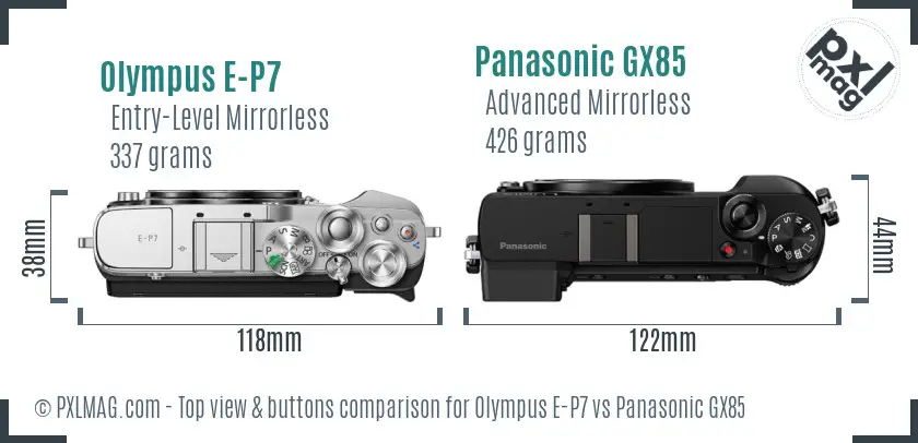 Olympus E-P7 vs Panasonic GX85 top view buttons comparison