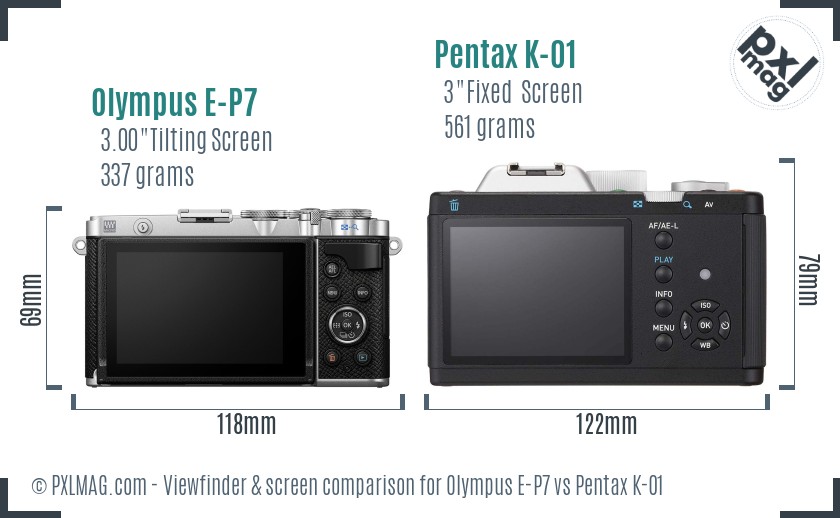 Olympus E-P7 vs Pentax K-01 Screen and Viewfinder comparison