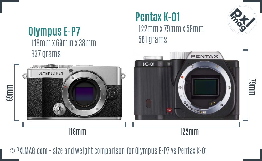 Olympus E-P7 vs Pentax K-01 size comparison