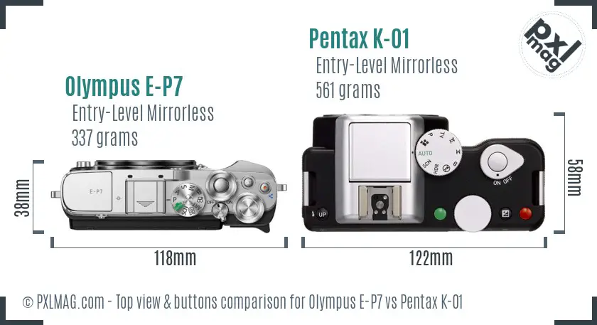 Olympus E-P7 vs Pentax K-01 top view buttons comparison