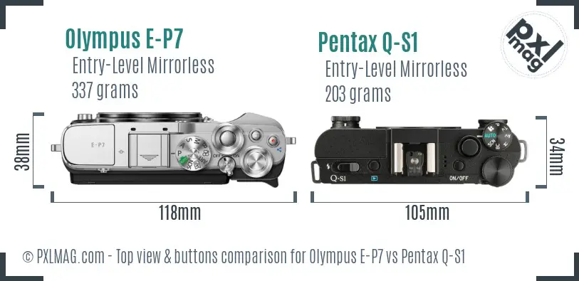 Olympus E-P7 vs Pentax Q-S1 top view buttons comparison