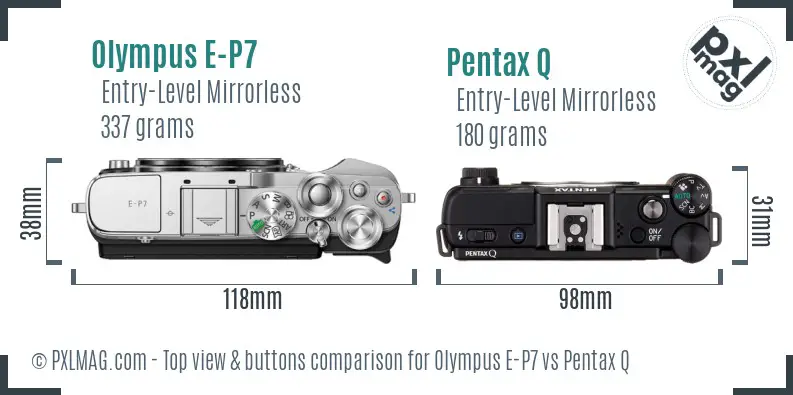 Olympus E-P7 vs Pentax Q top view buttons comparison