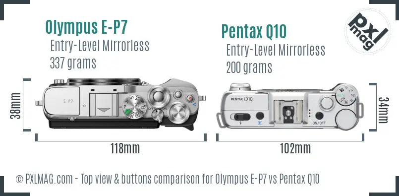 Olympus E-P7 vs Pentax Q10 top view buttons comparison