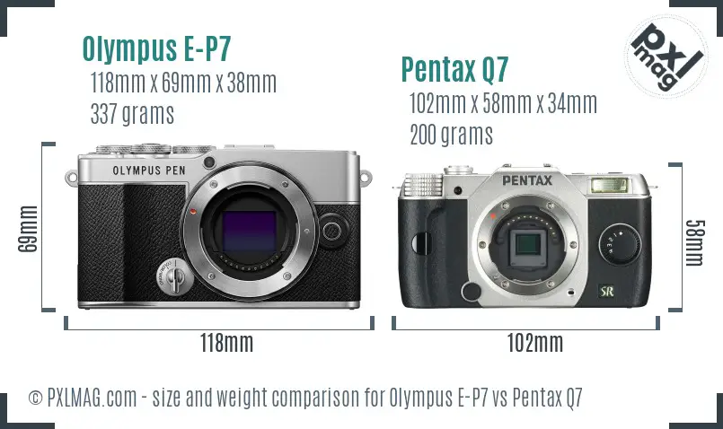 Olympus E-P7 vs Pentax Q7 size comparison
