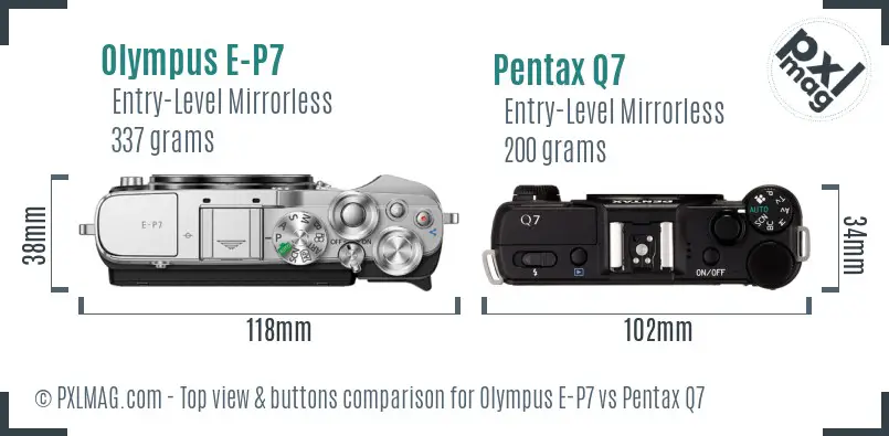 Olympus E-P7 vs Pentax Q7 top view buttons comparison