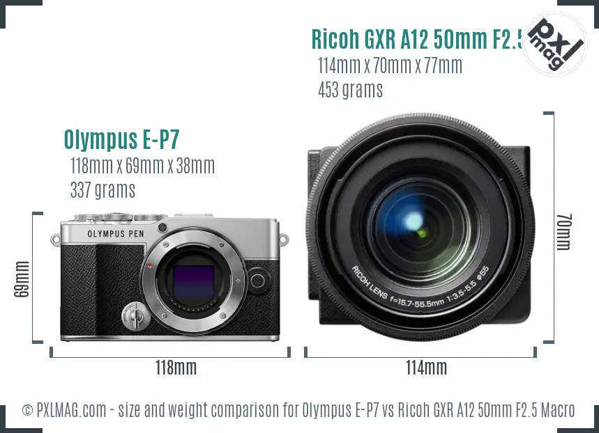 Olympus E-P7 vs Ricoh GXR A12 50mm F2.5 Macro size comparison Olympus E-P7 vs Ricoh GXR A12 50mm F2.5 Macro size comparison