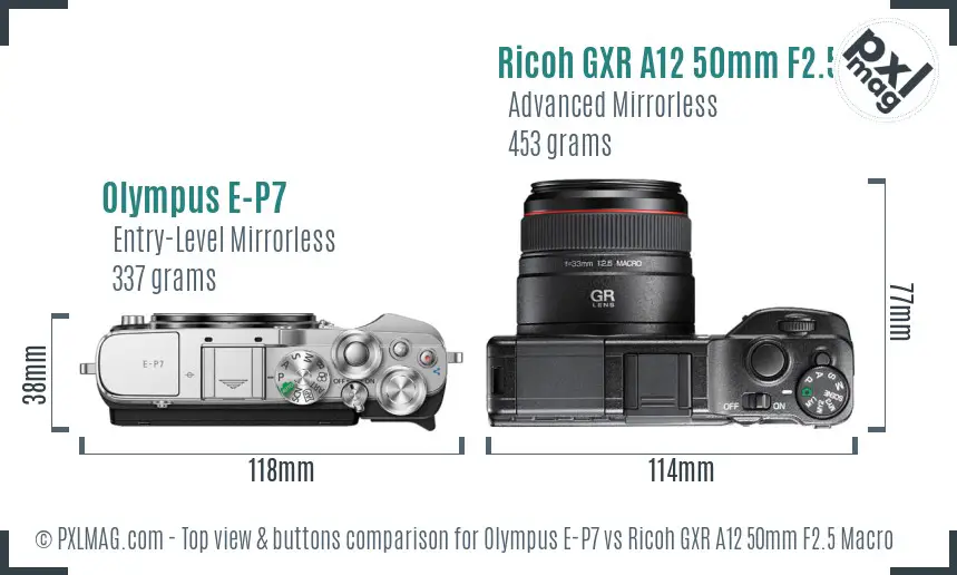 Olympus E-P7 vs Ricoh GXR A12 50mm F2.5 Macro top view buttons comparison Olympus E-P7 vs Ricoh GXR A12 50mm F2.5 Macro top view buttons comparison