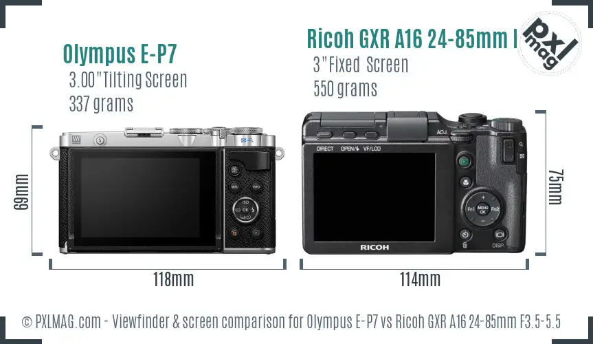 Olympus E-P7 vs Ricoh GXR A16 24-85mm F3.5-5.5 Screen and Viewfinder comparison