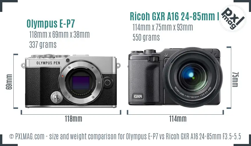 Olympus E-P7 vs Ricoh GXR A16 24-85mm F3.5-5.5 size comparison