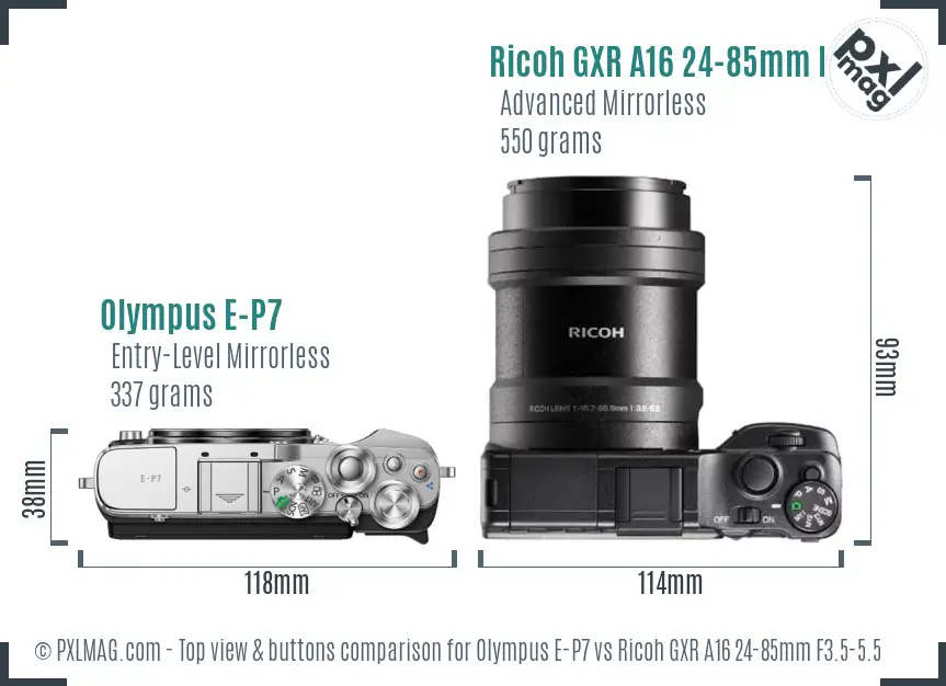 Olympus E-P7 vs Ricoh GXR A16 24-85mm F3.5-5.5 top view buttons comparison