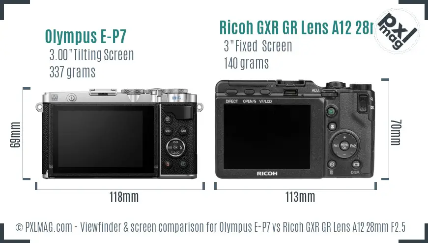 Olympus E-P7 vs Ricoh GXR GR Lens A12 28mm F2.5 Screen and Viewfinder comparison