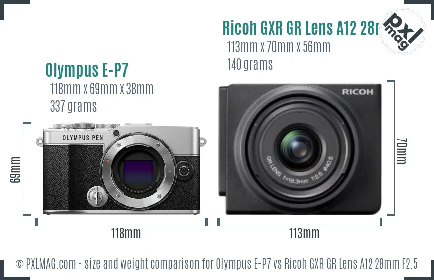 Olympus E-P7 vs Ricoh GXR GR Lens A12 28mm F2.5 size comparison