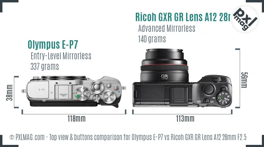 Olympus E-P7 vs Ricoh GXR GR Lens A12 28mm F2.5 top view buttons comparison