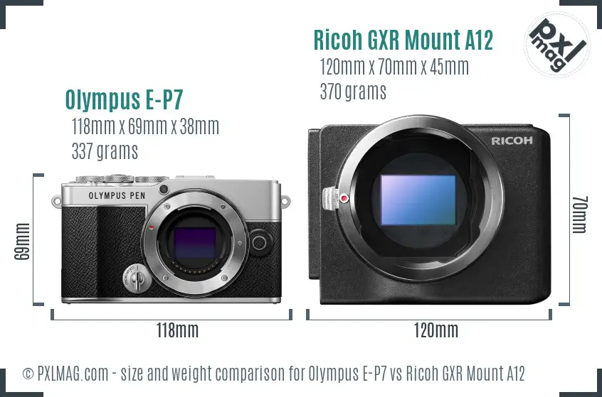 Olympus E-P7 vs Ricoh GXR Mount A12 size comparison