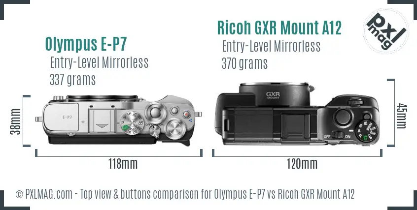 Olympus E-P7 vs Ricoh GXR Mount A12 top view buttons comparison