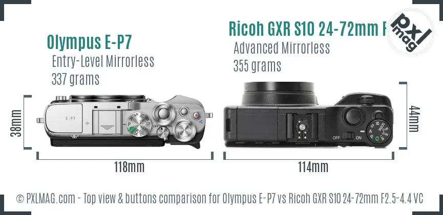 Olympus E-P7 vs Ricoh GXR S10 24-72mm F2.5-4.4 VC top view buttons comparison