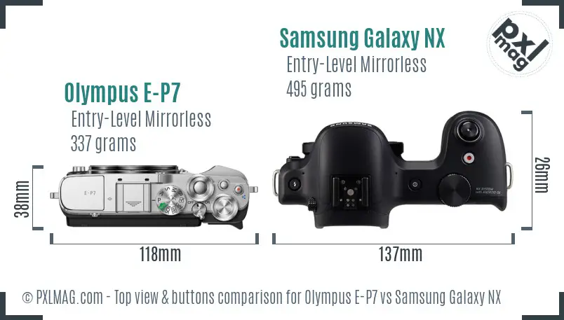 Olympus E-P7 vs Samsung Galaxy NX top view buttons comparison