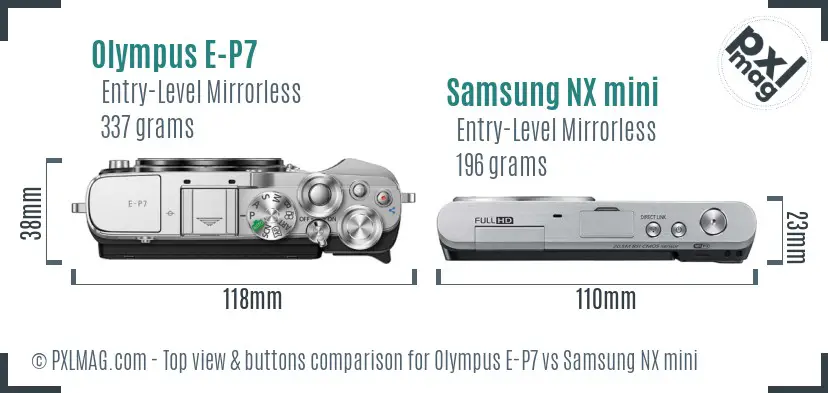 Olympus E-P7 vs Samsung NX mini top view buttons comparison