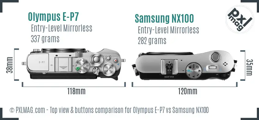 Olympus E-P7 vs Samsung NX100 top view buttons comparison