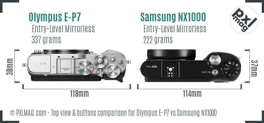 Olympus E-P7 vs Samsung NX1000 top view buttons comparison