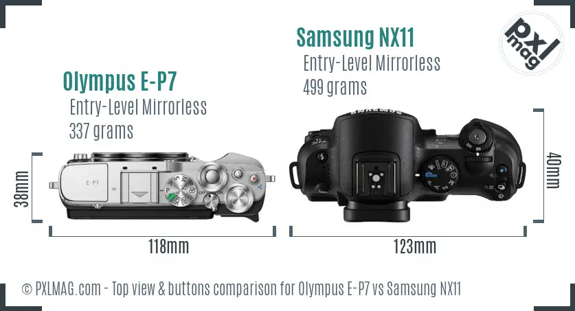 Olympus E-P7 vs Samsung NX11 top view buttons comparison