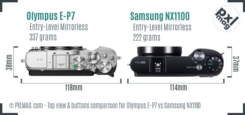 Olympus E-P7 vs Samsung NX1100 top view buttons comparison