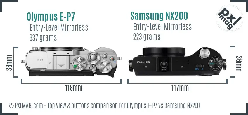 Olympus E-P7 vs Samsung NX200 top view buttons comparison
