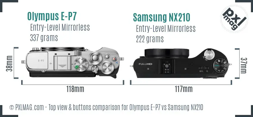 Olympus E-P7 vs Samsung NX210 top view buttons comparison