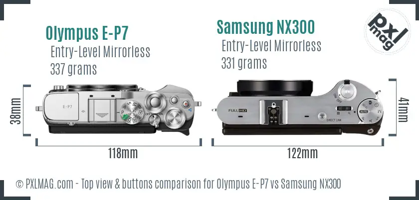 Olympus E-P7 vs Samsung NX300 top view buttons comparison