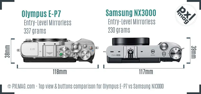 Olympus E-P7 vs Samsung NX3000 top view buttons comparison