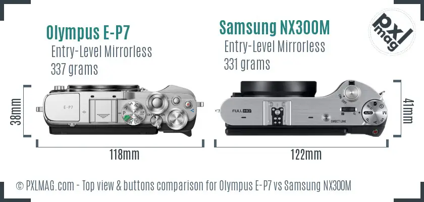 Olympus E-P7 vs Samsung NX300M top view buttons comparison