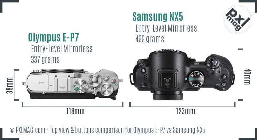 Olympus E-P7 vs Samsung NX5 top view buttons comparison