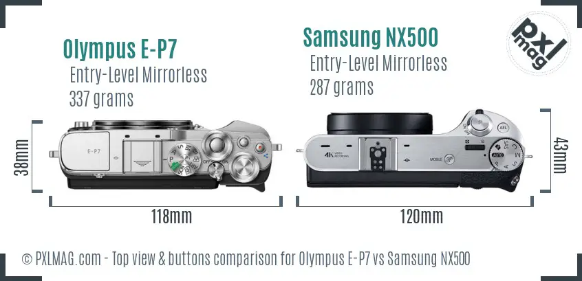 Olympus E-P7 vs Samsung NX500 top view buttons comparison