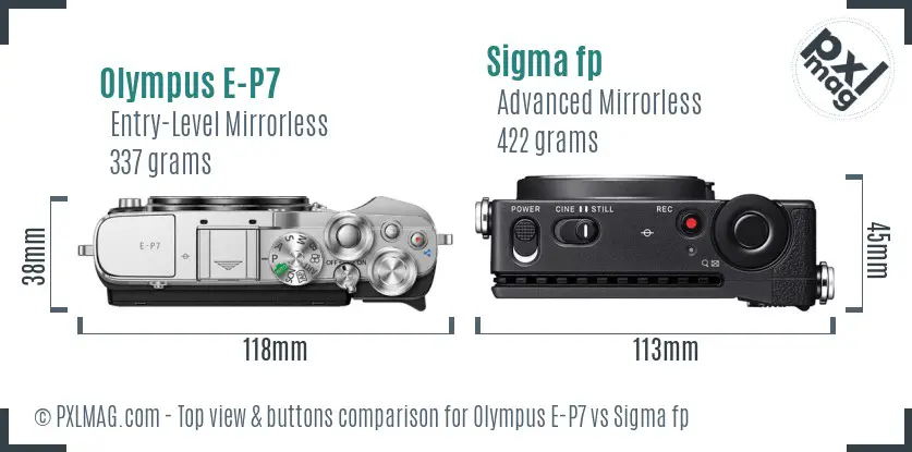 Olympus E-P7 vs Sigma fp top view buttons comparison